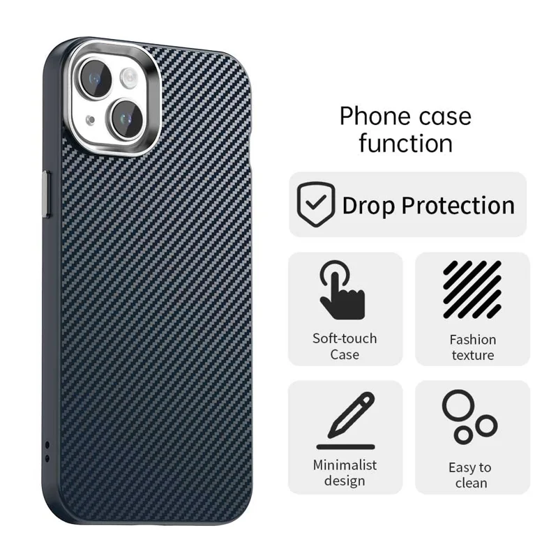 For iPhone 15 Plus / 14 Plus Case Cell Phone Hybrid Back Cover Carbon Fiber Texture - Blue