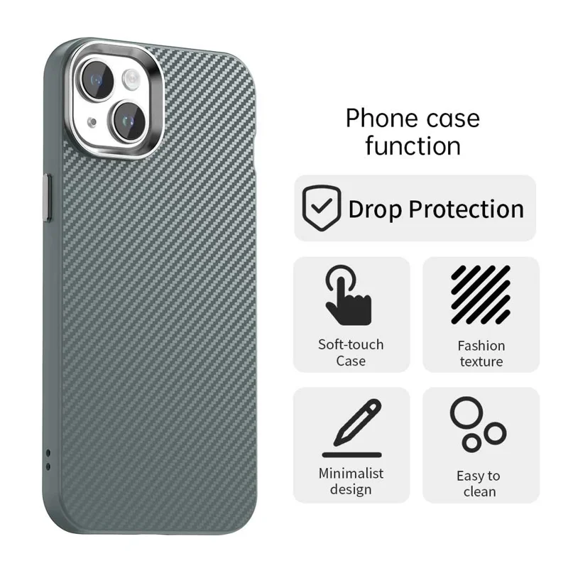 For iPhone 14 / 13 Case Cell Phone Hybrid Back Cover Carbon Fiber Texture - Grey