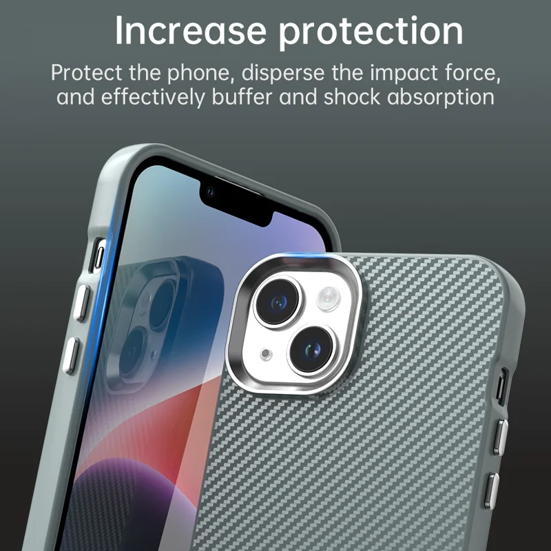 For iPhone 14 / 13 Case Cell Phone Hybrid Back Cover Carbon Fiber Texture - Grey