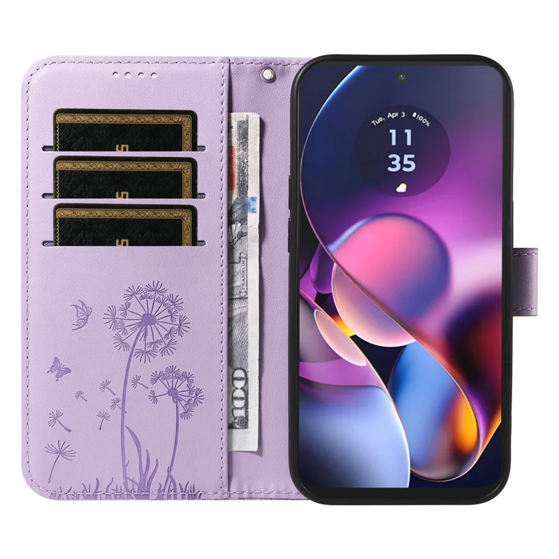 Leer hoesje voor Motorola Moto G54 5G met portemonnee en telefoonhoesje met paarse paardenbloemprint