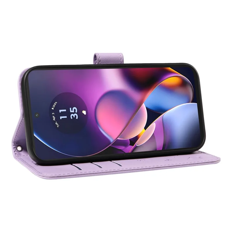 Leer hoesje voor Motorola Moto G54 5G met portemonnee en telefoonhoesje met paarse paardenbloemprint