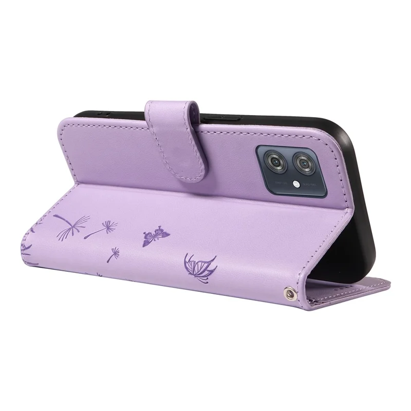 Leer hoesje voor Motorola Moto G54 5G met portemonnee en telefoonhoesje met paarse paardenbloemprint