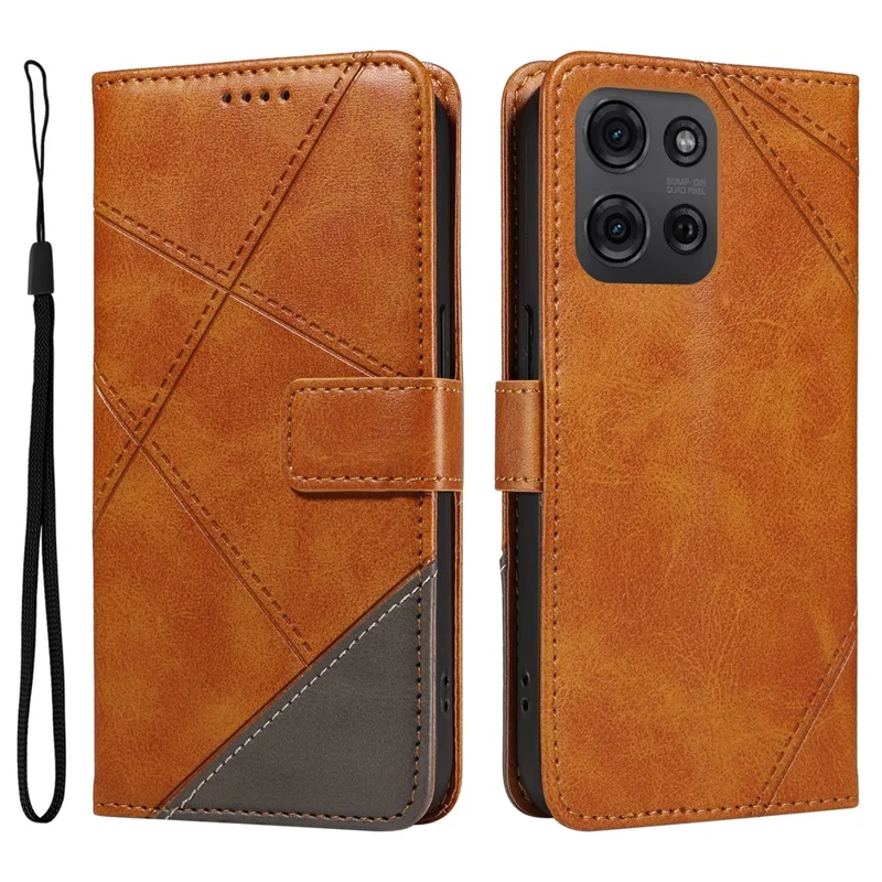 Étui en cuir avec motif géométrique et sangle pour poignet pour Motorola Moto G75 5G - Marron