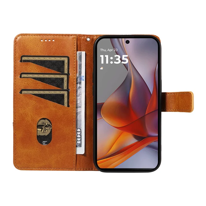 Étui en cuir avec motif géométrique et sangle pour poignet pour Motorola Moto G75 5G - Marron
