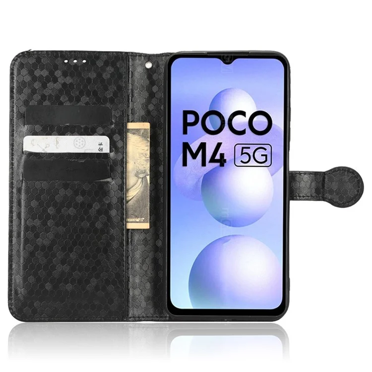 Per Xiaomi Poco M4 5G Wallet Feature PU Coperchio Petta Pot Pot Motore in Magnetica Chiusa Magnetica Stoche Schoch Austro Schock TPU Custodia Con Cinturino - Nero