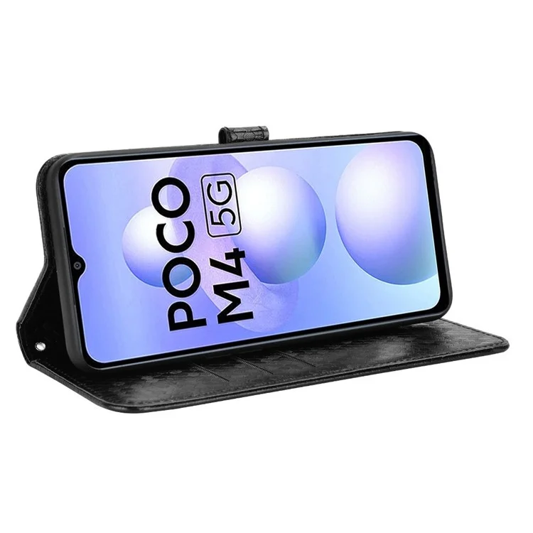 Per Xiaomi Poco M4 5G Wallet Feature PU Coperchio Petta Pot Pot Motore in Magnetica Chiusa Magnetica Stoche Schoch Austro Schock TPU Custodia Con Cinturino - Nero