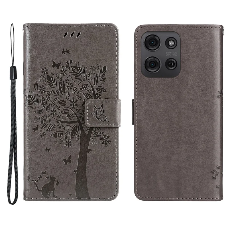 För Motorola Moto G75 5G mobilskal med ställfunktion, mönster av katt och träd, läderskal med plånbok - Grå