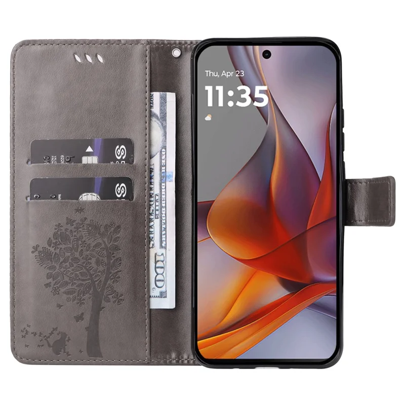 För Motorola Moto G75 5G mobilskal med ställfunktion, mönster av katt och träd, läderskal med plånbok - Grå