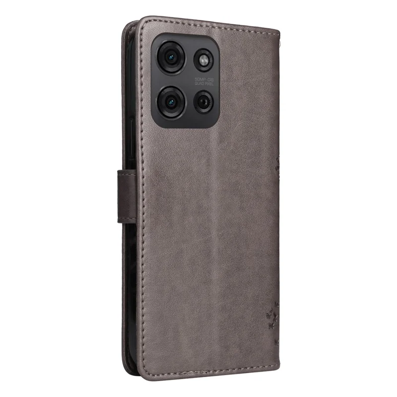 För Motorola Moto G75 5G mobilskal med ställfunktion, mönster av katt och träd, läderskal med plånbok - Grå