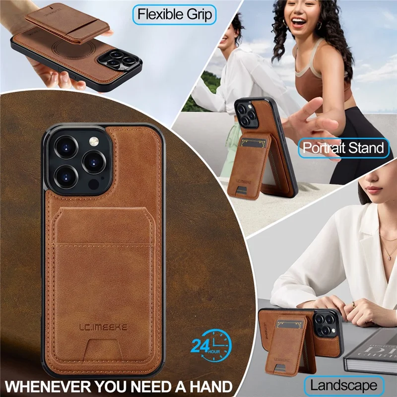 LC.IMEEKE L3 For iPhone 16 Pro Max Magnetic Case Detachable Card Holder Leather+TPU Mobile Cover - Brown