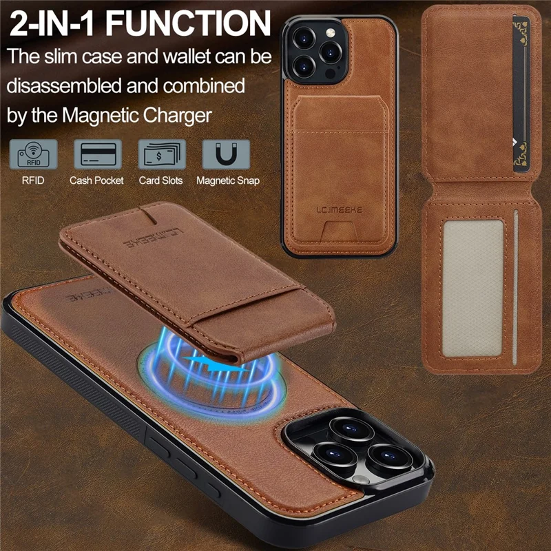 LC.IMEEKE L3 For iPhone 16 Pro Max Magnetic Case Detachable Card Holder Leather+TPU Mobile Cover - Brown