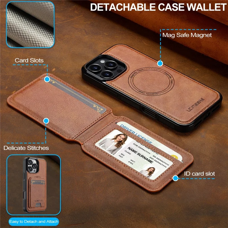 LC.IMEEKE L3 For iPhone 16 Pro Max Magnetic Case Detachable Card Holder Leather+TPU Mobile Cover - Brown