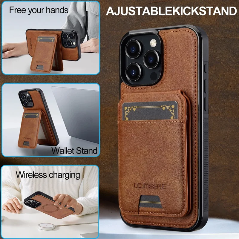 LC.IMEEKE L3 For iPhone 16 Pro Max Magnetic Case Detachable Card Holder Leather+TPU Mobile Cover - Brown