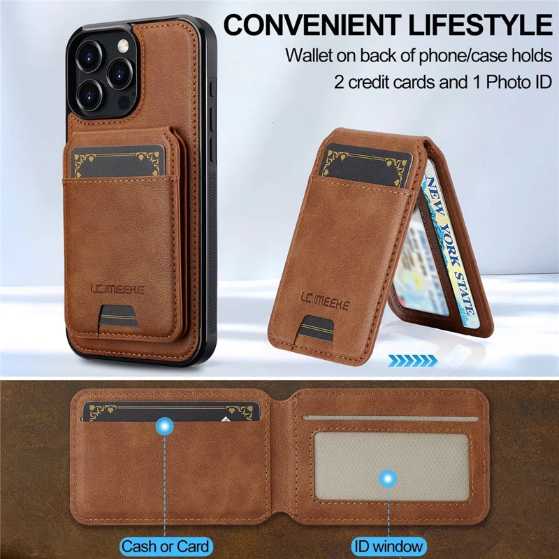 LC.IMEEKE L3 For iPhone 16 Pro Max Magnetic Case Detachable Card Holder Leather+TPU Mobile Cover - Brown