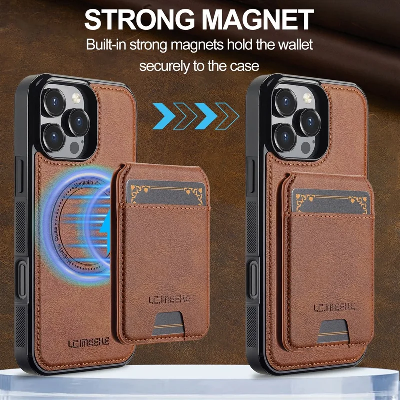LC.IMEEKE L3 For iPhone 16 Pro Max Magnetic Case Detachable Card Holder Leather+TPU Mobile Cover - Brown