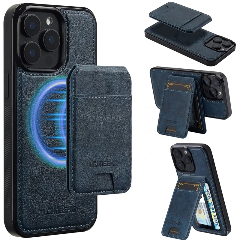 LC.IMEEKE L3 For iPhone 15 Pro Magnetic Case Detachable Card Holder Leather+TPU Mobile Cover - Blue
