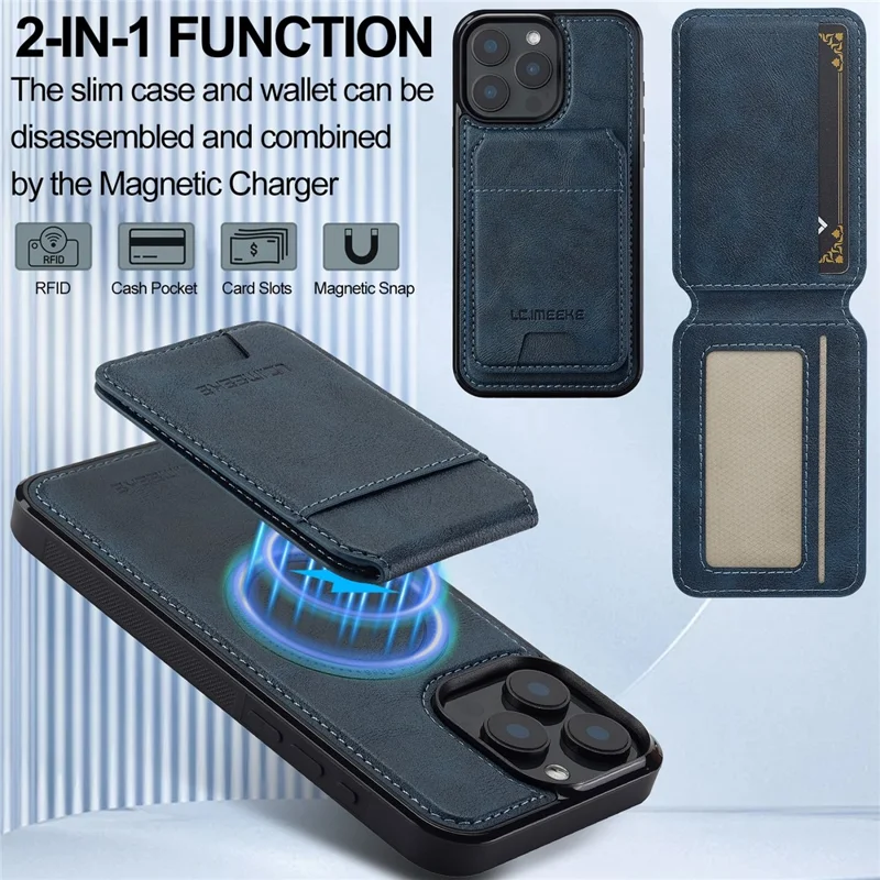 LC.IMEEKE L3 For iPhone 15 Pro Magnetic Case Detachable Card Holder Leather+TPU Mobile Cover - Blue