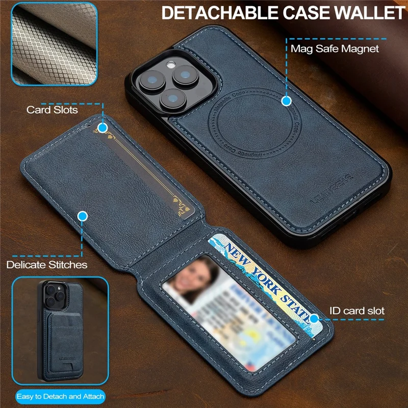 LC.IMEEKE L3 For iPhone 15 Pro Magnetic Case Detachable Card Holder Leather+TPU Mobile Cover - Blue