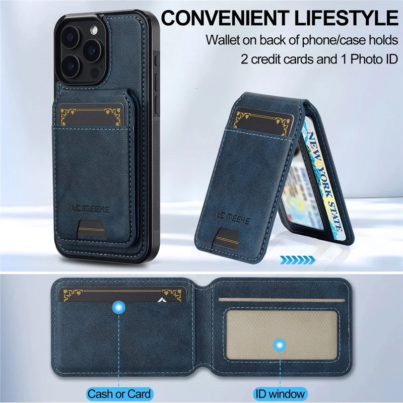 LC.IMEEKE L3 For iPhone 15 Pro Magnetic Case Detachable Card Holder Leather+TPU Mobile Cover - Blue