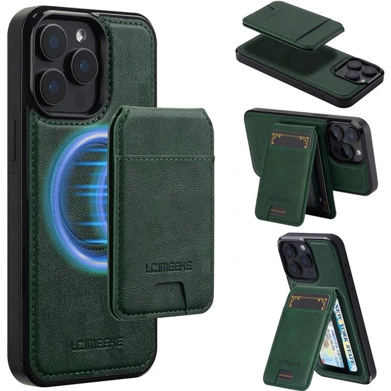 LC.IMEEKE L3 For iPhone 15 Pro Max Magnetic Case Detachable Card Holder Leather+TPU Mobile Cover - Green