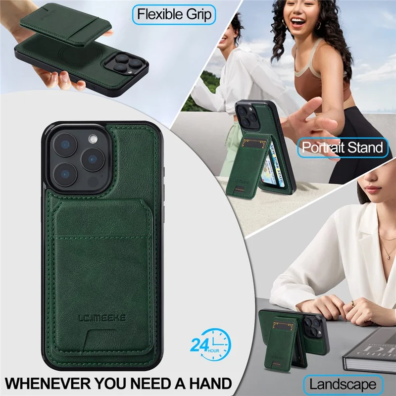 LC.IMEEKE L3 For iPhone 15 Pro Max Magnetic Case Detachable Card Holder Leather+TPU Mobile Cover - Green