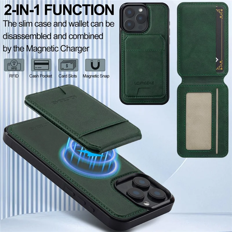LC.IMEEKE L3 For iPhone 15 Pro Max Magnetic Case Detachable Card Holder Leather+TPU Mobile Cover - Green