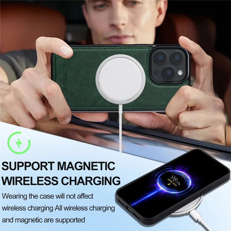 LC.IMEEKE L3 For iPhone 15 Pro Max Magnetic Case Detachable Card Holder Leather+TPU Mobile Cover - Green