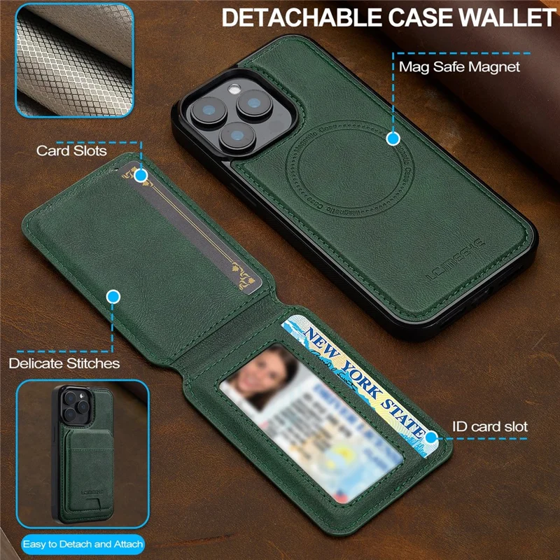 LC.IMEEKE L3 For iPhone 15 Pro Max Magnetic Case Detachable Card Holder Leather+TPU Mobile Cover - Green