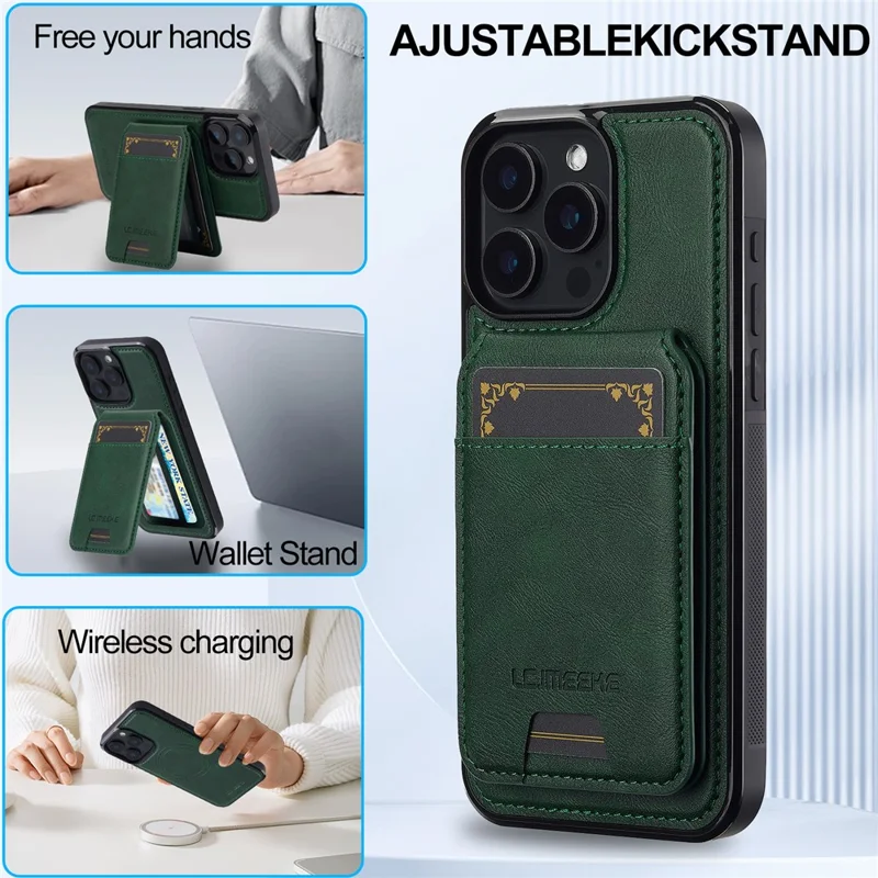 LC.IMEEKE L3 For iPhone 15 Pro Max Magnetic Case Detachable Card Holder Leather+TPU Mobile Cover - Green