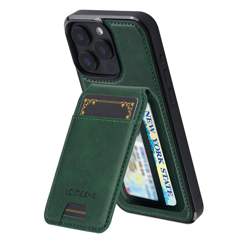 LC.IMEEKE L3 For iPhone 15 Pro Max Magnetic Case Detachable Card Holder Leather+TPU Mobile Cover - Green