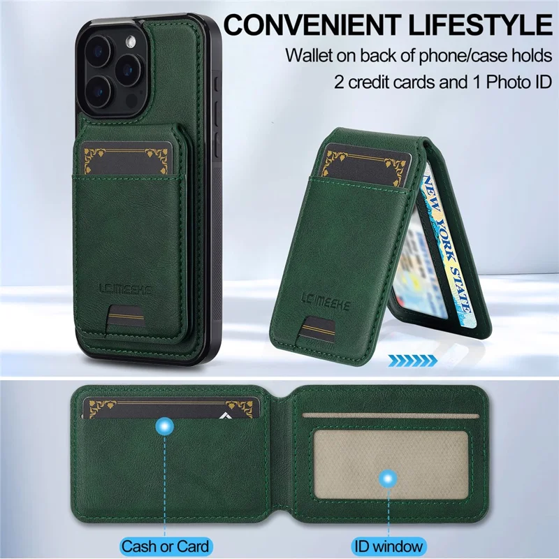 LC.IMEEKE L3 For iPhone 15 Pro Max Magnetic Case Detachable Card Holder Leather+TPU Mobile Cover - Green