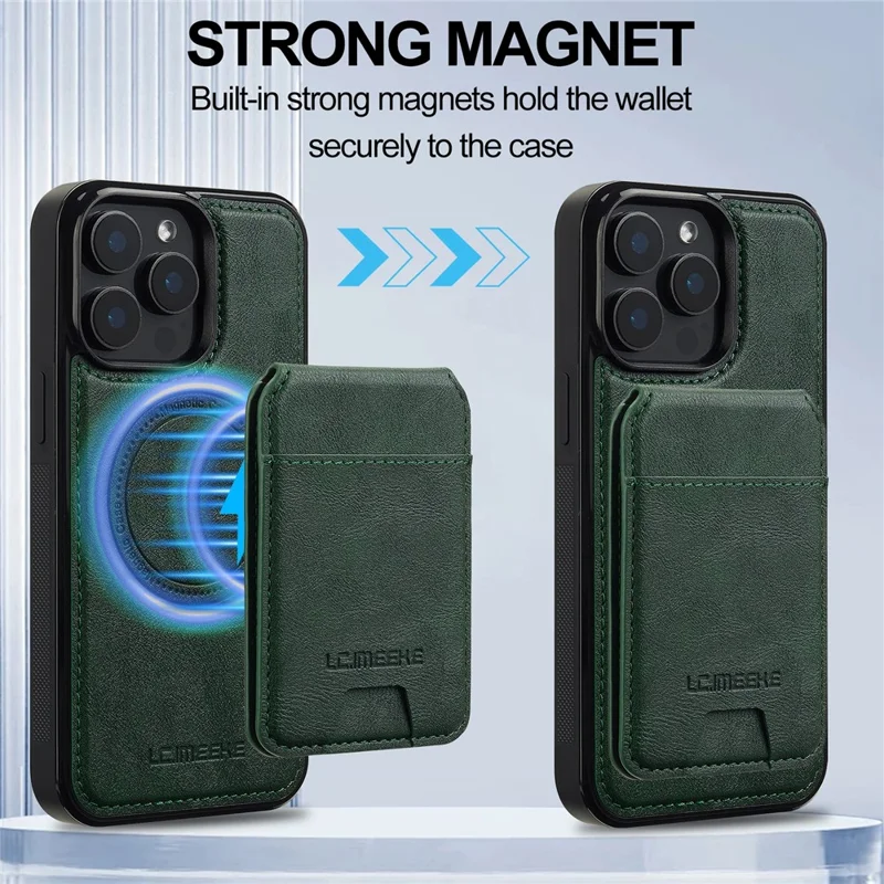 LC.IMEEKE L3 For iPhone 15 Pro Max Magnetic Case Detachable Card Holder Leather+TPU Mobile Cover - Green