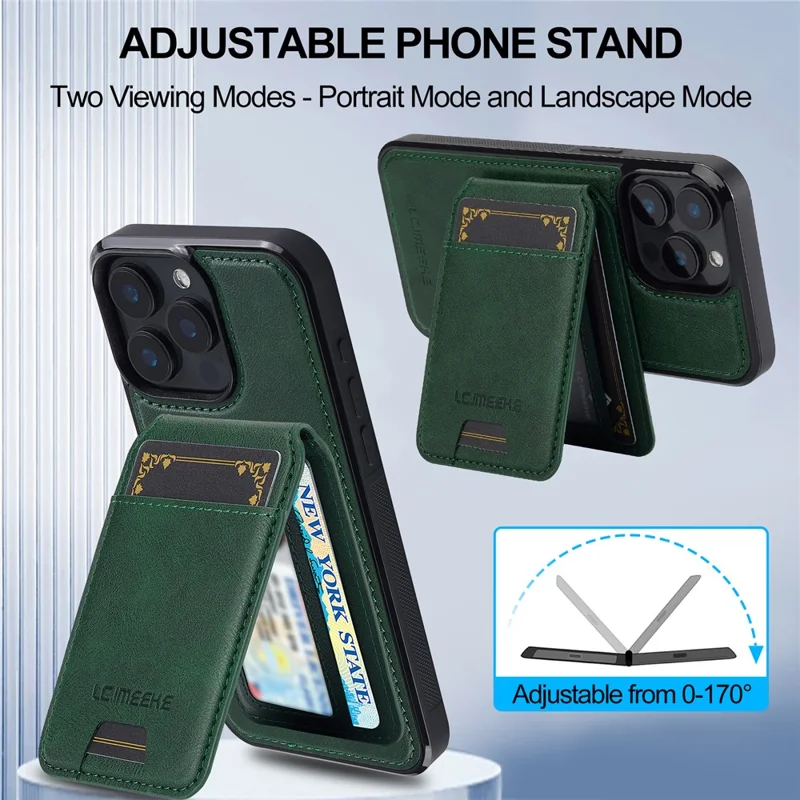 LC.IMEEKE L3 For iPhone 15 Pro Max Magnetic Case Detachable Card Holder Leather+TPU Mobile Cover - Green