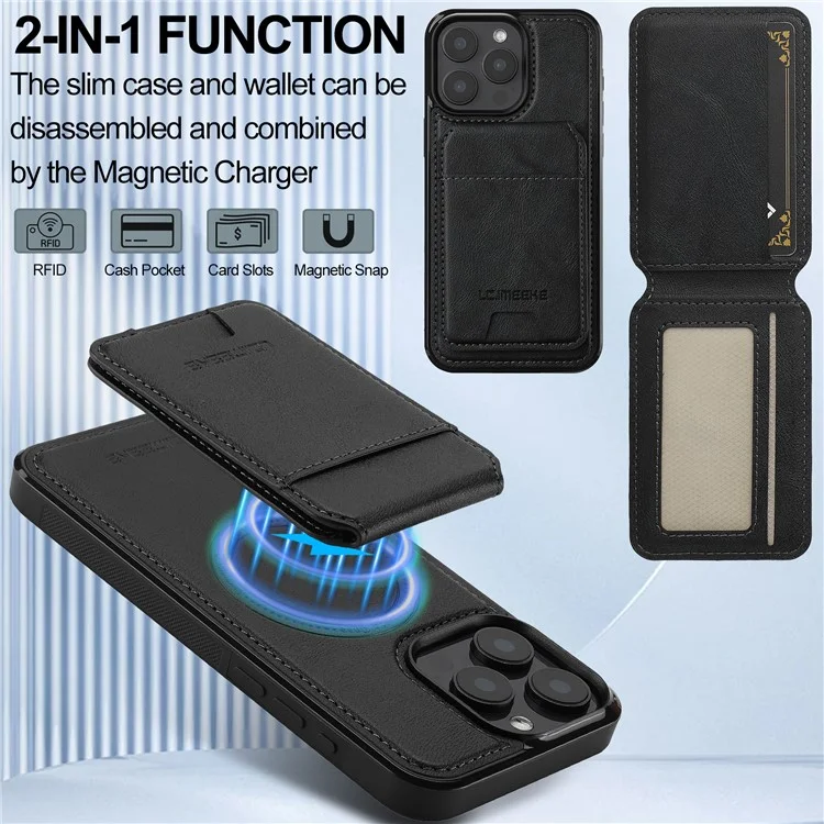 LC.IMEEKE L3 per iPhone 14 Pro Max Custodia magnetica Porta carte staccabile Pelle+TPU Custodia per cellulare - Nero