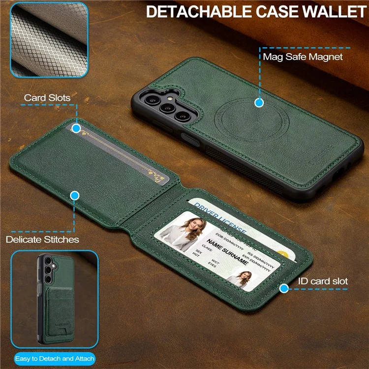 LC.IMEEKE L3 For Samsung Galaxy S24 Magnetic Case Detachable Card Holder Leather+TPU Mobile Cover - Green
