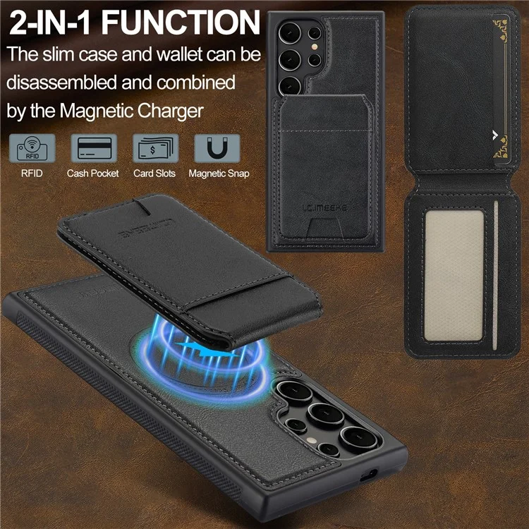 LC.IMEEKE L3 For Samsung Galaxy S23 Ultra Magnetic Case Detachable Card Holder Leather+TPU Mobile Cover - Black