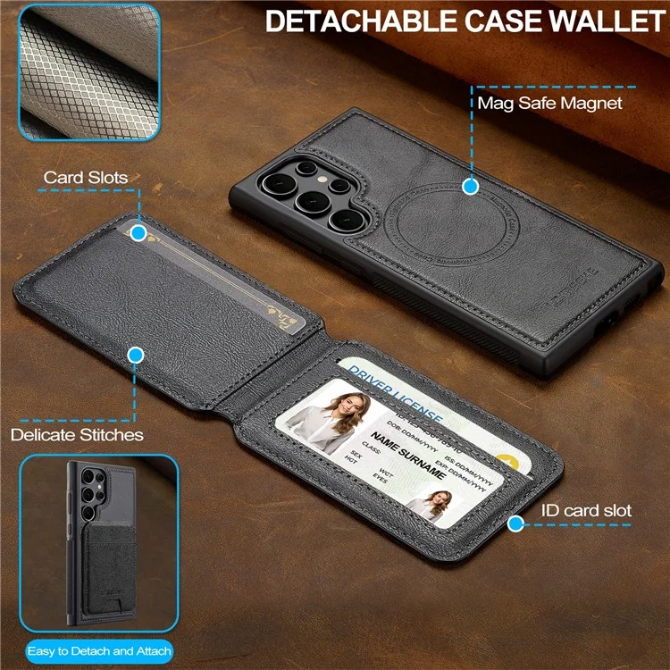 LC.IMEEKE L3 For Samsung Galaxy S23 Ultra Magnetic Case Detachable Card Holder Leather+TPU Mobile Cover - Black