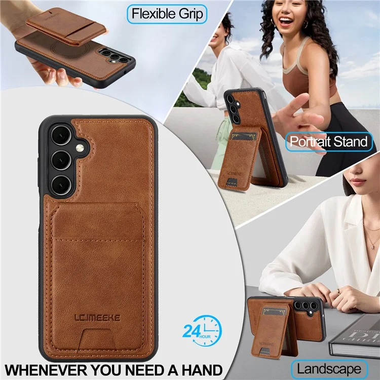 LC.IMEEKE L3 For Samsung Galaxy S24 FE Magnetic Case Detachable Card Holder Leather+TPU Mobile Cover - Brown