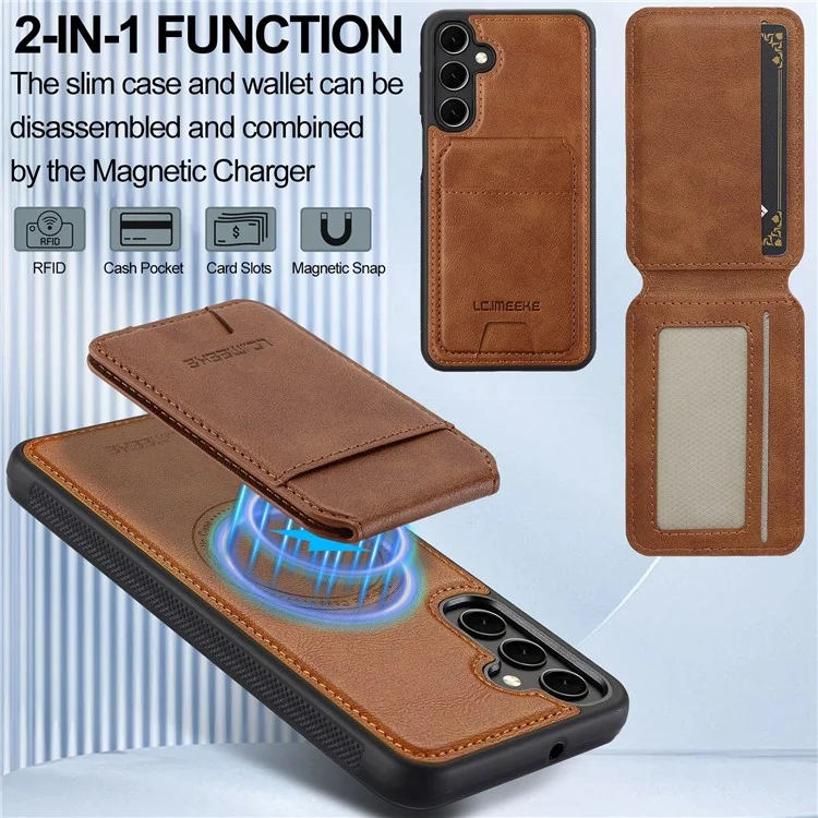 LC.IMEEKE L3 For Samsung Galaxy A16 4G / 5G Magnetic Case Detachable Card Holder Leather+TPU Mobile Cover - Brown