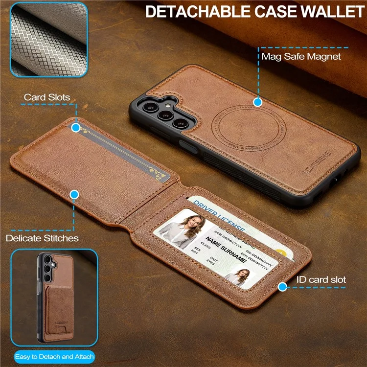 LC.IMEEKE L3 For Samsung Galaxy A16 4G / 5G Magnetic Case Detachable Card Holder Leather+TPU Mobile Cover - Brown