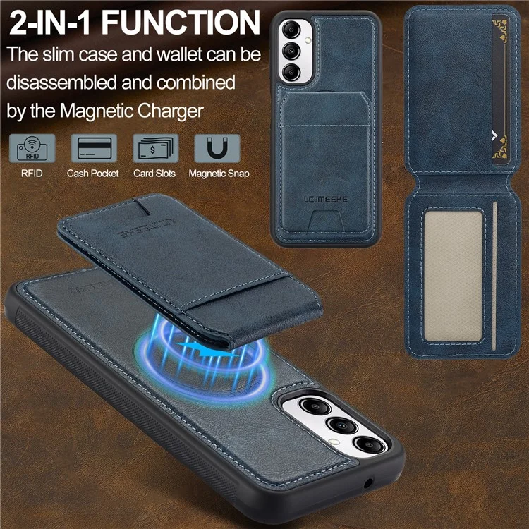 LC.IMEEKE L3 For Samsung Galaxy A14 4G / 5G Magnetic Case Detachable Card Holder Leather+TPU Mobile Cover - Blue
