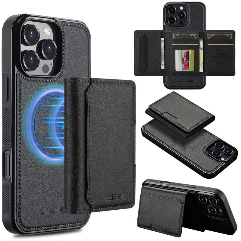 LC.IMEEKE L5 For iPhone 16 Pro Magnetic Phone Case Leather Back Cover with Detachable Card Holder - Black