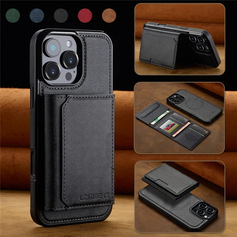 LC.IMEEKE L5 For iPhone 16 Pro Magnetic Phone Case Leather Back Cover with Detachable Card Holder - Black