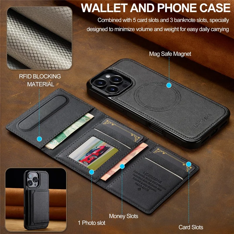 LC.IMEEKE L5 For iPhone 16 Pro Magnetic Phone Case Leather Back Cover with Detachable Card Holder - Black