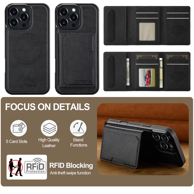 LC.IMEEKE L5 For iPhone 16 Pro Magnetic Phone Case Leather Back Cover with Detachable Card Holder - Black