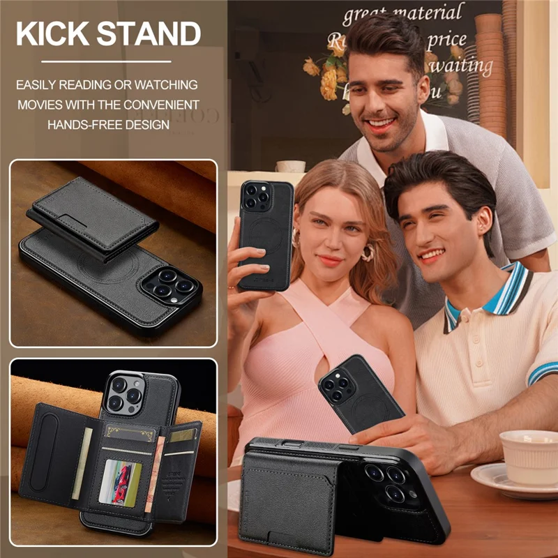 LC.IMEEKE L5 For iPhone 16 Pro Magnetic Phone Case Leather Back Cover with Detachable Card Holder - Black