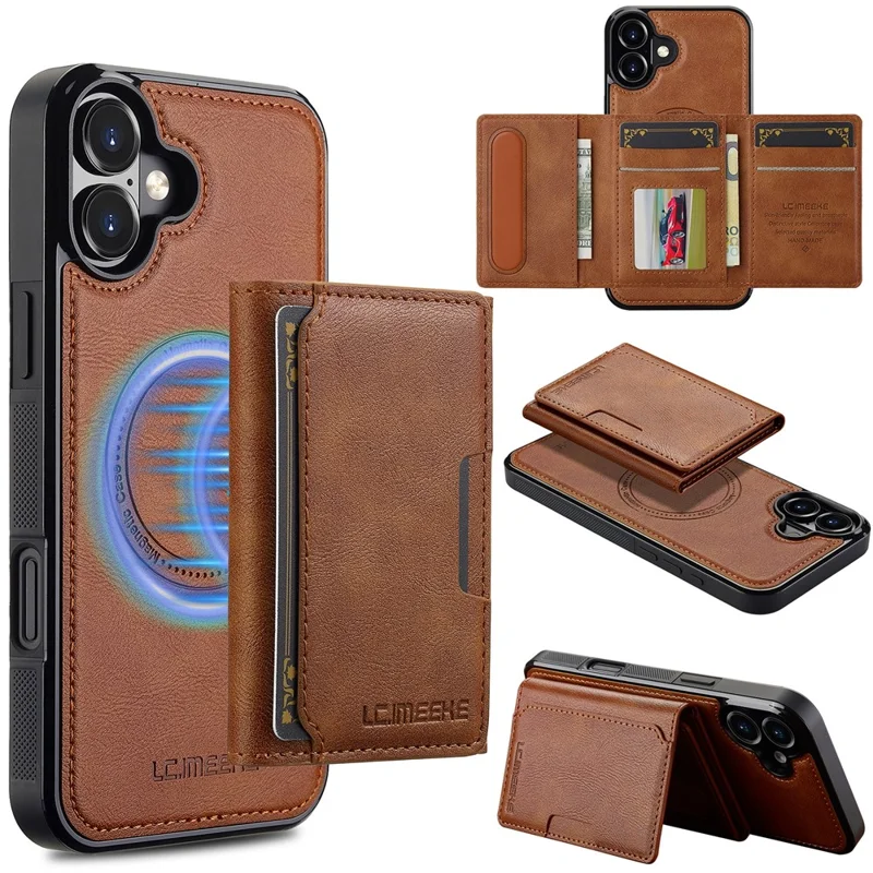 LC.IMEEKE L5 For iPhone 16 Plus Magnetic Phone Case Leather Back Cover with Detachable Card Holder - Brown