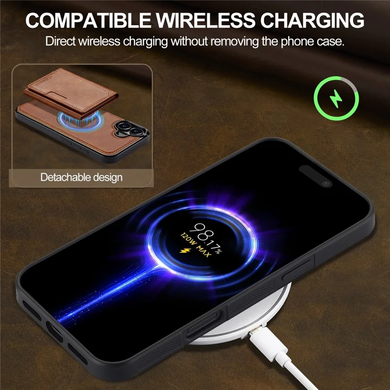 LC.IMEEKE L5 For iPhone 16 Plus Magnetic Phone Case Leather Back Cover with Detachable Card Holder - Brown