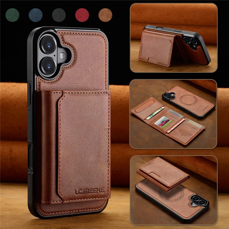 LC.IMEEKE L5 For iPhone 16 Plus Magnetic Phone Case Leather Back Cover with Detachable Card Holder - Brown