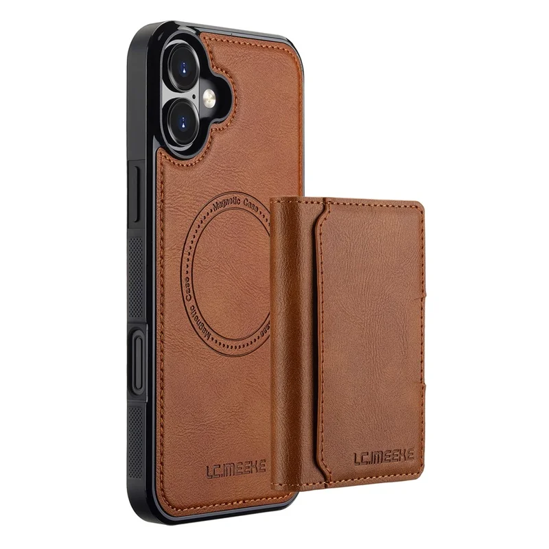 LC.IMEEKE L5 For iPhone 16 Plus Magnetic Phone Case Leather Back Cover with Detachable Card Holder - Brown